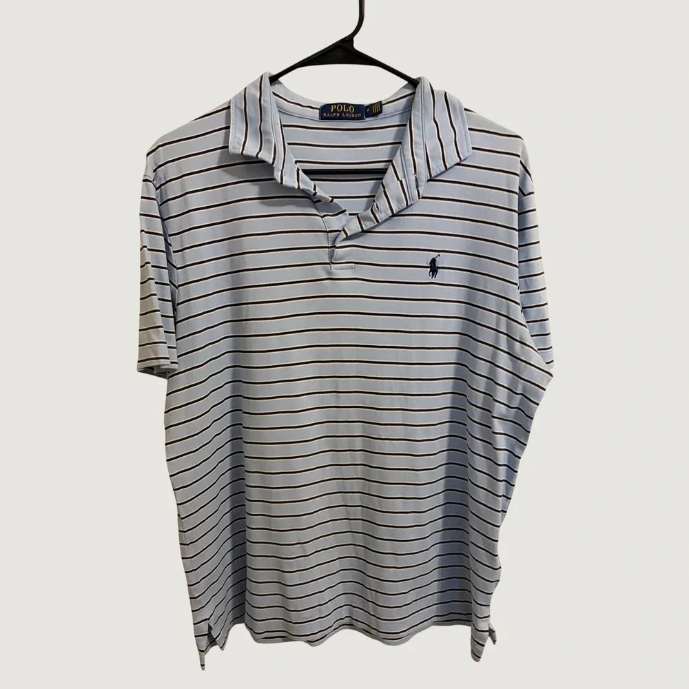 Polo Ralph Lauren Blue Striped Performance Polo Shirt M Preppy Golf Coastal